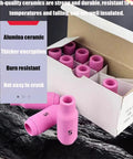Top Grade 10-Piece Alumina Ceramic TIG Welding Cups Fits WP-17/18/26 inside packaging showcasing pink ceramic cups.
