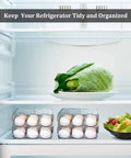 Inside fridge with Auto Rolling Egg Storage Bin For Refrigerator, 36 Egg Capacity, Clear Plastic Two Layer Stackable Organizer.