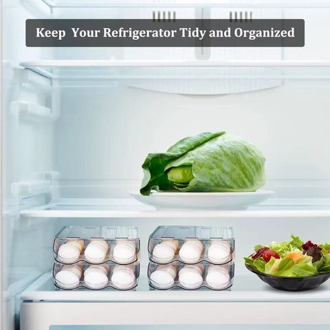 Inside fridge with Auto Rolling Egg Storage Bin For Refrigerator, 36 Egg Capacity, Clear Plastic Two Layer Stackable Organizer.