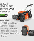 Battery Powered Self Propelled Lawn Mower With Brushless Motor For Small Yards 40V Lithium Ion Two 7.5Ah Batteries Charger Included Pro Grade Cut Long Runtime No Fuss Quick Start with LE 322R mower, bagger and charger