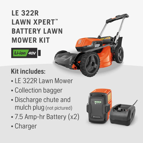 Battery Powered Self Propelled Lawn Mower With Brushless Motor For Small Yards 40V Lithium Ion Two 7.5Ah Batteries Charger Included Pro Grade Cut Long Runtime No Fuss Quick Start with LE 322R mower, bagger and charger