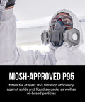 Person wearing a 5000 Series Respirator with P95 Particulate Filter 5P71P, oil-proof NIOSH approved for 95% filtration of solids and aerosols.
