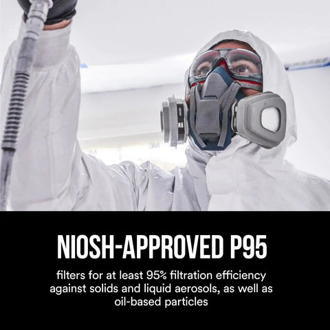 Person wearing a 5000 Series Respirator with P95 Particulate Filter 5P71P, oil-proof NIOSH approved for 95% filtration of solids and aerosols.