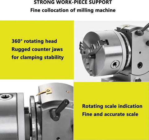 Built Like A Workhorse Universal Dividing Head With 3 Jaw Quick Release Chuck For Cnc Milling Machines And Rotary Tables Includes Hardened Tailstock And Precision Indexing Plates For Zero Hassle Operation, showcasing 360° rotating head and rugged counter jaws.