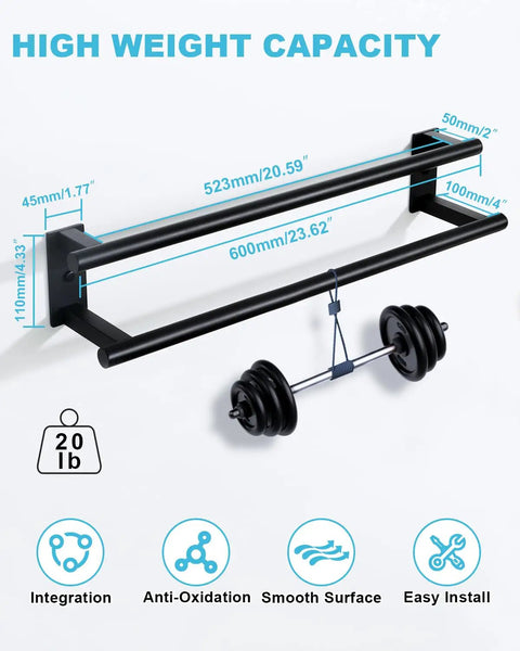 Double Layer 24 Inch Wall Mount Towel Rack In Matte Black SUS304 Stainless Steel Towel Hanger With Thickened Pipe For Strong Load Bearing, showing weight capacity and dimensions.