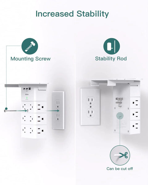 Heavy Duty Wall Outlet Extender With Built-In Shelf showing mounting screw and stability rod for increased support.