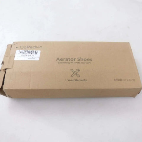 Box of Pro Grade Aerator Shoes For Lawn Care With Adjustable Straps Steel Core Spikes And Anti Slip Traction To Reduce Thatch And Boost Grass Growth Universal Size For All Grass Types