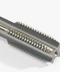 Close-up of Left Hand Thread Tap Three Quarters Inch By Sixteen TPI, 4.41 Inch Length, HSS High Speed Steel Machine Tap with precise threading
