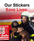 Firefighter holding dog next to Pet Rescue Inside Sticker For Home Safety, Fire Emergency Alert Decal For Doors And Windows, 5x4 Inch Vinyl Sign To Quick Notify First Responders About Your Pets.