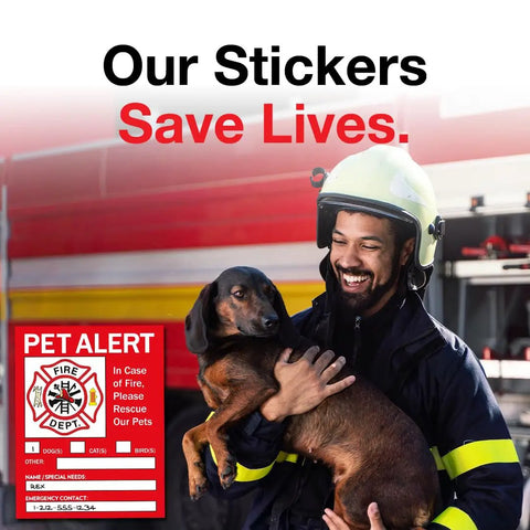 Firefighter holding dog next to Pet Rescue Inside Sticker For Home Safety, Fire Emergency Alert Decal For Doors And Windows, 5x4 Inch Vinyl Sign To Quick Notify First Responders About Your Pets.