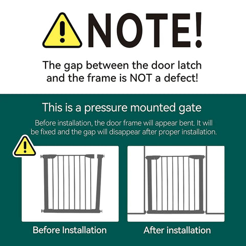 Instructional note showing installation steps for Extra Wide Walk Through Pet Gate 29.5 To 37.8 Inch Auto Close Safety Gate.