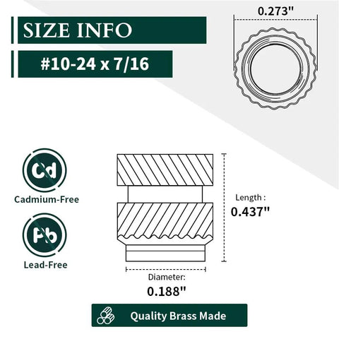 Size information for 100 Pack Heavy Duty Heat Set Brass Threaded Inserts, #10-24, 0.273 inch diameter, 0.437 inch tall.