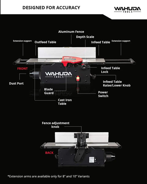 Heavy Duty 10 Inch Benchtop Wood Jointer Featuring Spiral Cutterhead And Cast Iron Table With Pull Out Extensions Plus Four Sided Carbide Inserts For Zero Hassle Smooth Finishes, showcasing controls and components.