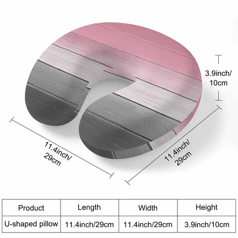 U Shaped Memory Foam Travel Neck Pillow With Pink Wood Grain Finish showing dimensions 11.4 x 11.4 x 3.9 inches