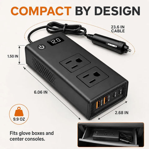 Heavy Duty 400W Car Power Inverter 12V DC To 110V AC For Tesla And EVs Straight Plug In Accessory Adaptor with dual outlets.