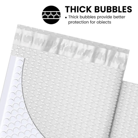Close-up of White Bubble Mailers 6x10 Inch Outer, 6x9 Inch Inner, Self Seal Padded Mailing Envelopes showing thick bubble protection