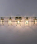 Five Light Bathroom Vanity Light Fixtures With Clear Glass Shades And Brushed Nickel Finish on wall