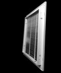 Side angle view of Steel Return Air Grille With Removable Door For 1-Inch Filters White HVAC Vent Cover Fits 20x25 Wall Duct Opening