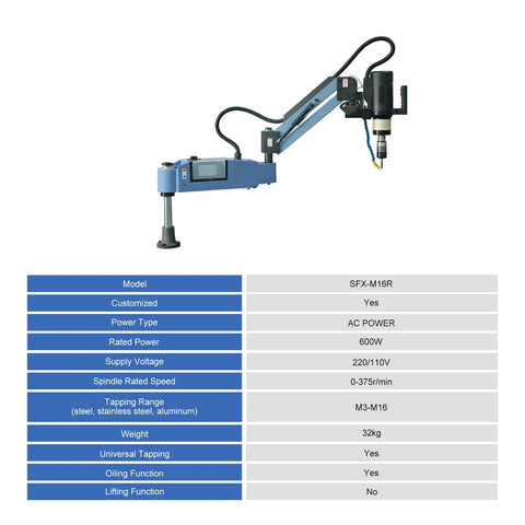 Heavy Duty Electric Tapping Machine With Auto Oil And Air Blow For M3 To M16 Threads, 600W, includes 9 piece collet set.