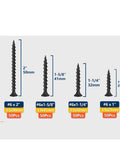 Image displaying four different sizes of drywall screws, including '50 Piece Size 6 Drywall Screws For Wood And Drywall Coarse Thread Phillips Bugle Head Black Finish Heavy Duty And Ready For DIY Home Repairs And Small Industrial Projects 3.5x25mm.'