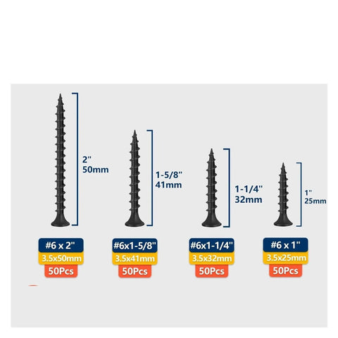 Image displaying four different sizes of drywall screws, including '50 Piece Size 6 Drywall Screws For Wood And Drywall Coarse Thread Phillips Bugle Head Black Finish Heavy Duty And Ready For DIY Home Repairs And Small Industrial Projects 3.5x25mm.'