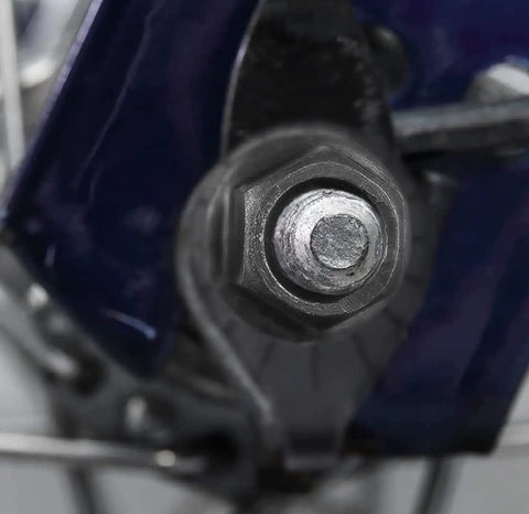 Close-up of Bike Wheel Nut And Safety Washer Kit with Heavy Duty High Tensile Steel M10 flanged nut on rear hub.