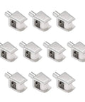 Rock Solid Zinc Alloy Glass Shelf Brackets 10 Pack With Heavy Duty Adjustable Screw Clamps For 5 To 8 Mm Thick Glass visible in silver finish.
