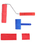 Complete Wood Graining Roller Kit Comes With Slick Rubberized Paint Rollers And Multiple Pattern Attachments in red and blue.