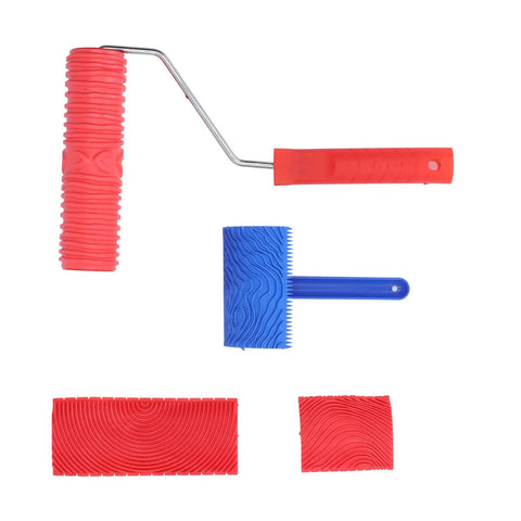 Complete Wood Graining Roller Kit Comes With Slick Rubberized Paint Rollers And Multiple Pattern Attachments in red and blue.