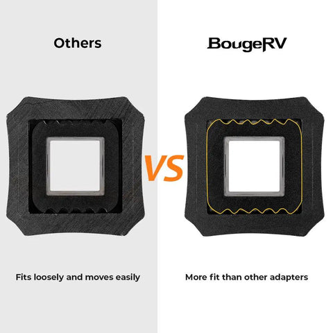Comparison of two hitch adapter sleeves showing BougeRV with better fit and stability next to a generic adapter.