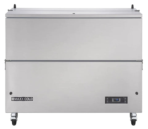 Built Tough Stainless Steel Milk Crate Cooler Box With Heavy Duty Urethane Walls Clear Digital Led Temperature Readout front view with thermometer.