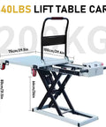 Heavy Duty Electric Scissor Lift Table Cart And 660 Lb Hydraulic Workhorse With One Touch Lift For Portable Material Handling Plus No Sweat Truck Loading And Smooth Warehouse Moving with dimensions shown.