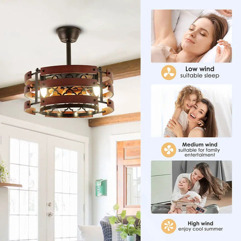 20 Inch Caged Ceiling Fan With Light And Remote, Black Rustic Flush Mount Industrial Enclosed Ceiling Fan in a cozy living room.