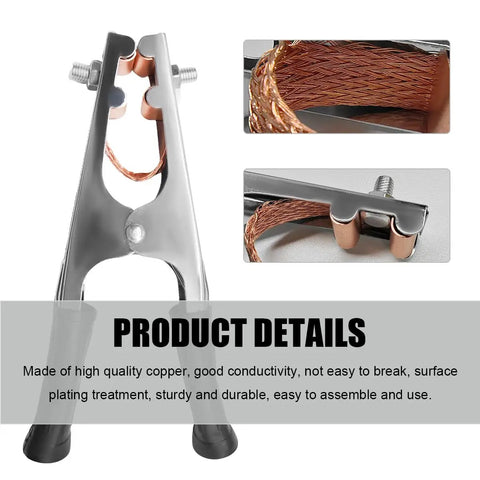 Welding Ground Clamp With Electroplated Copper For Superior Conductivity, showing close-up details of copper and black build.