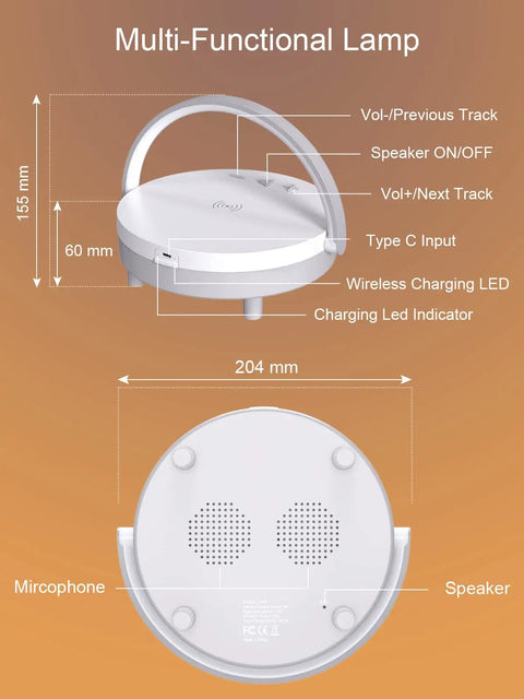 Diagram of multi-functional 4 In 1 LED Night Light Bluetooth Speaker Wireless Charger Phone Holder Touch Bedside Lamp For Bedroom Or Office.