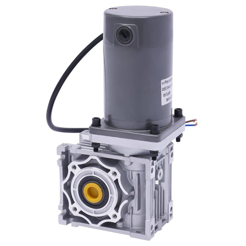 12V Variable Speed Worm Gear Reducer Motor RV40 120W 50K high torque motor with 0.71 inch output bore, grey housing, side view