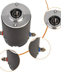 Front view of Seaforie 12V RV hydraulic pump motor, Lippert-compatible, grey cylinder with chrome top and red/blue hydraulic ports.