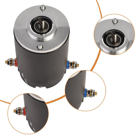 Front view of Seaforie 12V RV hydraulic pump motor, Lippert-compatible, grey cylinder with chrome top and red/blue hydraulic ports.