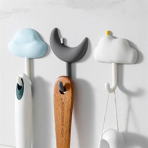 3 Pc Wall Mounted Hooks Set Grey Creative Home Storage Solution For Keys Towels And Sundries Sleek Kitchen Bathroom Organizer Rack Nifty Space Saving Design, featuring decorative cloud and moon designs.