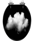 Elongated Toilet Seat Black Resin Bathroom with cloud design, round shape, adjustable hinges, 14.5 x 18.5 inches.