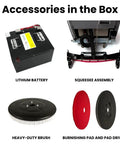 Self Propelled 22 Inch Walk Behind Floor Scrubber Dryer With Forward And Reverse Drive accessories including battery, squeegee, brush, and pads.