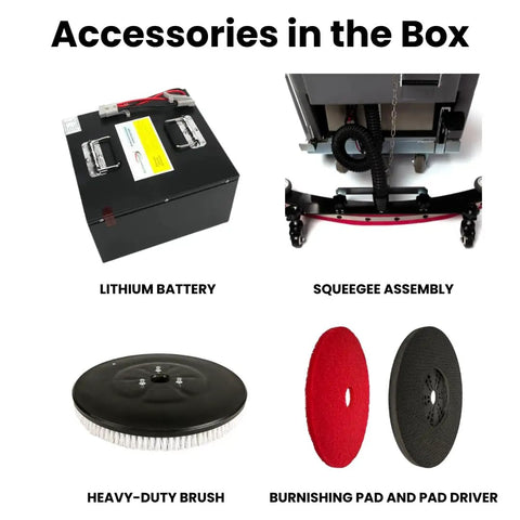 Self Propelled 22 Inch Walk Behind Floor Scrubber Dryer With Forward And Reverse Drive accessories including battery, squeegee, brush, and pads.