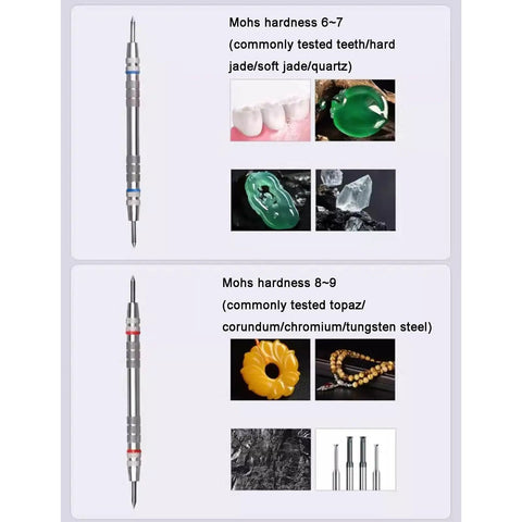 4 Pack Hardness Test Kit For Mineral ID And Jewelry Testing With Stainless Steel Scratch Pens, Dual-Ended 2-9 Mohs Scale, Storage Box, Great For Jade, Glass, And Gemstones. Dual-ended stainless steel Mohs pen, 6-7 and 8-9 scale