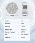 Premium Leak Proof LR41 Button Batteries AG3 Alkaline Cells 10 Pack shown with dimensions and specifications on a modern background.