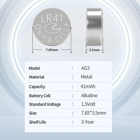 Premium Leak Proof LR41 Button Batteries AG3 Alkaline Cells 10 Pack shown with dimensions and specifications on a modern background.