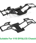 One Tenth RC Crawler Transmission With Thirty Percent Overdrive Transfer Case Forward Motor Mount Delrin Spur Gear Aluminum Alloy Upgrade For Axial SCX10 II Element Enduro LCG Chassis Cheater Rigs And DIY Projects with two black metal chassis frames visible.