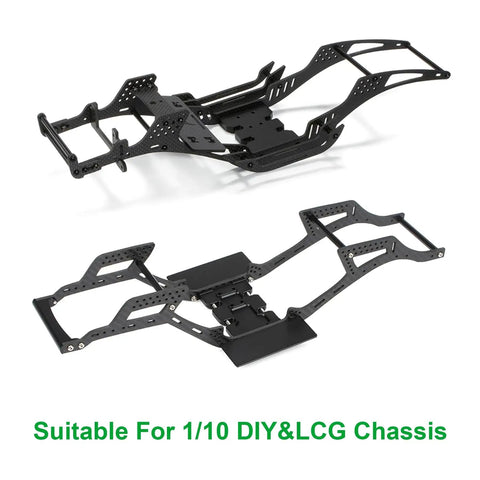 One Tenth RC Crawler Transmission With Thirty Percent Overdrive Transfer Case Forward Motor Mount Delrin Spur Gear Aluminum Alloy Upgrade For Axial SCX10 II Element Enduro LCG Chassis Cheater Rigs And DIY Projects with two black metal chassis frames visible.