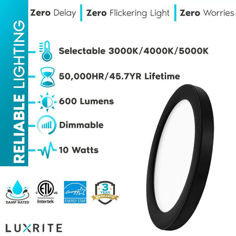 4 Pack 5 Inch LED Flush Mount Ceiling Lights, 10W Dimmable Round Panel Fixtures with selectable color temperature options and black trim