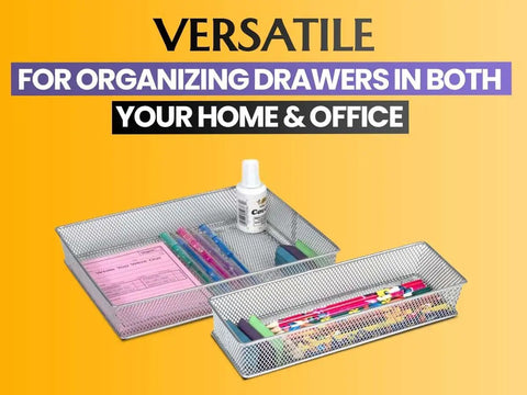 Silver Mesh Desk Organizer Bins with office supplies for versatile home and office use, 3 by 6 by 2 inch, rust resistant steel wire