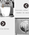 Premium Stainless Steel Automatic Espresso Coffee Maker With 19 Bar High Pressure Gauge And Slick Removable Water Tank For Hustle Free Home Brewing And Killer Frothy Drinks All Day Long In Classic Silver Finish showing coffee pouring into two cups.